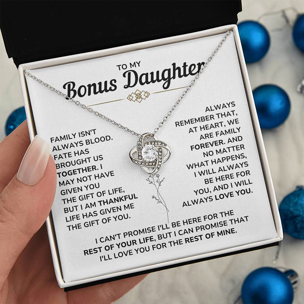 To My Bonus Daughter - "My Family Forever" Love Knot Necklace Gift Set - BD06