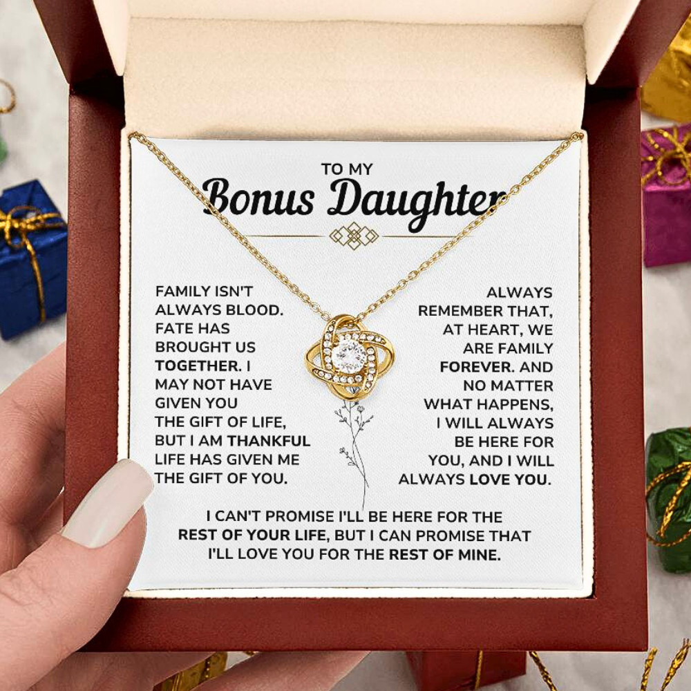 To My Bonus Daughter - "My Family Forever" Love Knot Necklace Gift Set - BD06