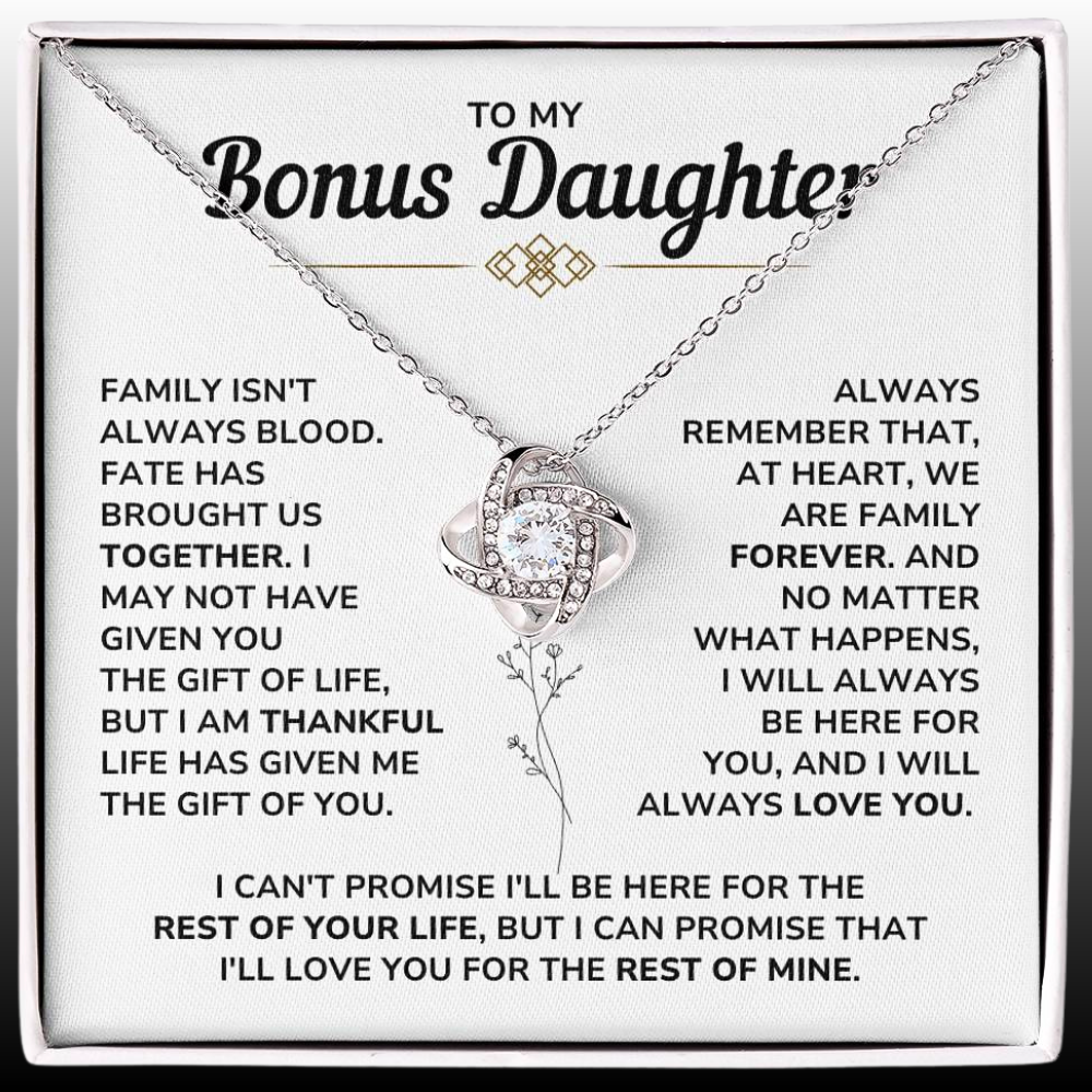 To My Bonus Daughter - "My Family Forever" Love Knot Necklace Gift Set - BD06