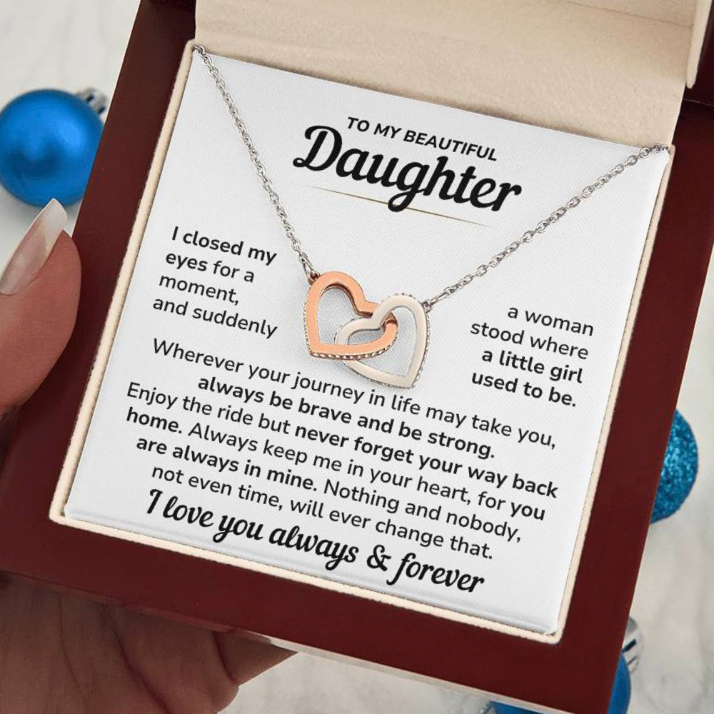 Daughter Necklace Gift Set - "Always In My Heart" Interlocked Heart Necklace from Dad or Mom - DT04