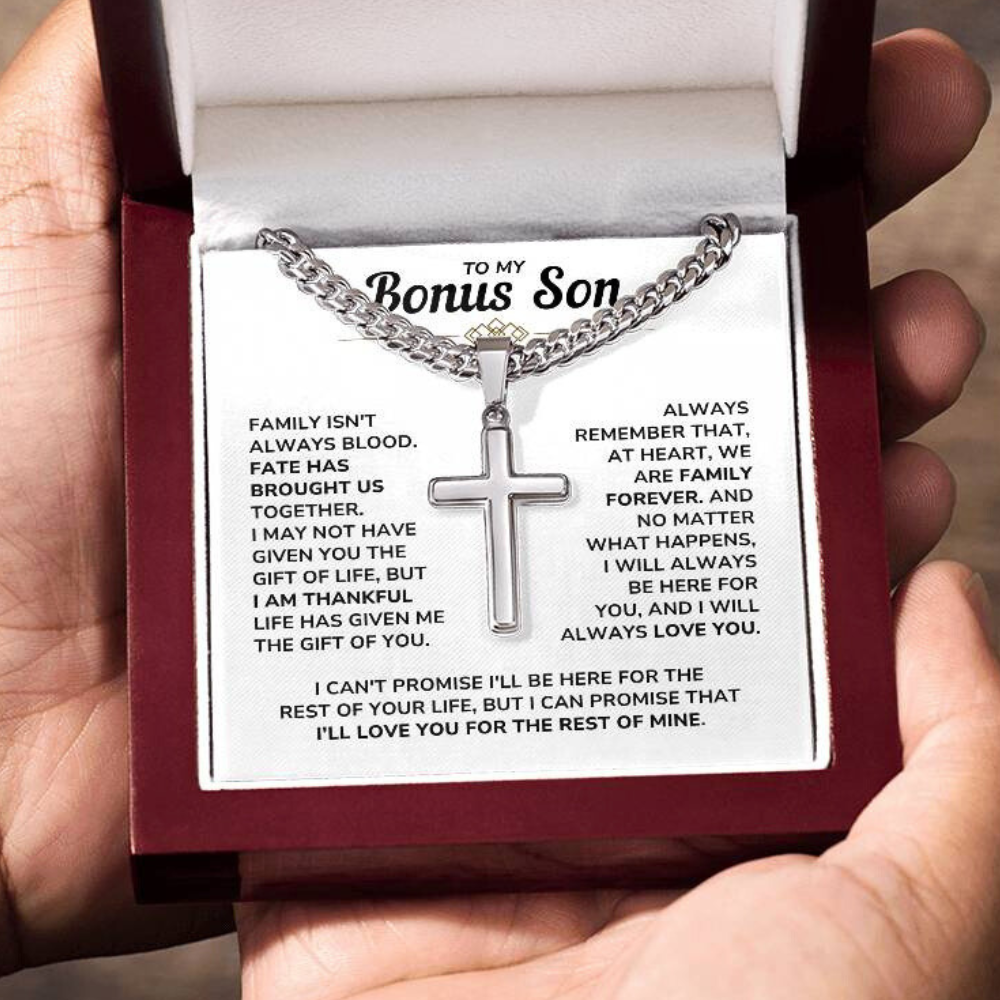 To My Bonus Son - "My Family Forever" Artisan Cross Cuban Link Chain Gift Set – BS01