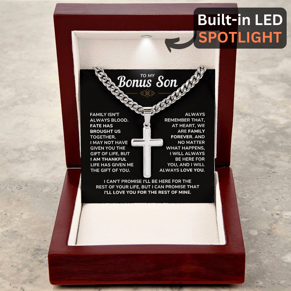 To My Bonus Son - "My Family Forever" Artisan Cross Cuban Link Chain Gift Set – BS01v2