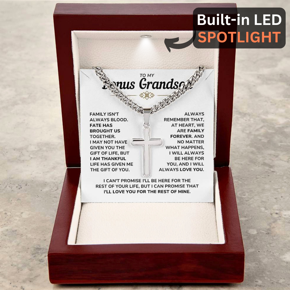 To My Bonus Grandson Necklace Gift Set - "My Family Forever" Artisan Cross Cuban Link Chain - BGS01