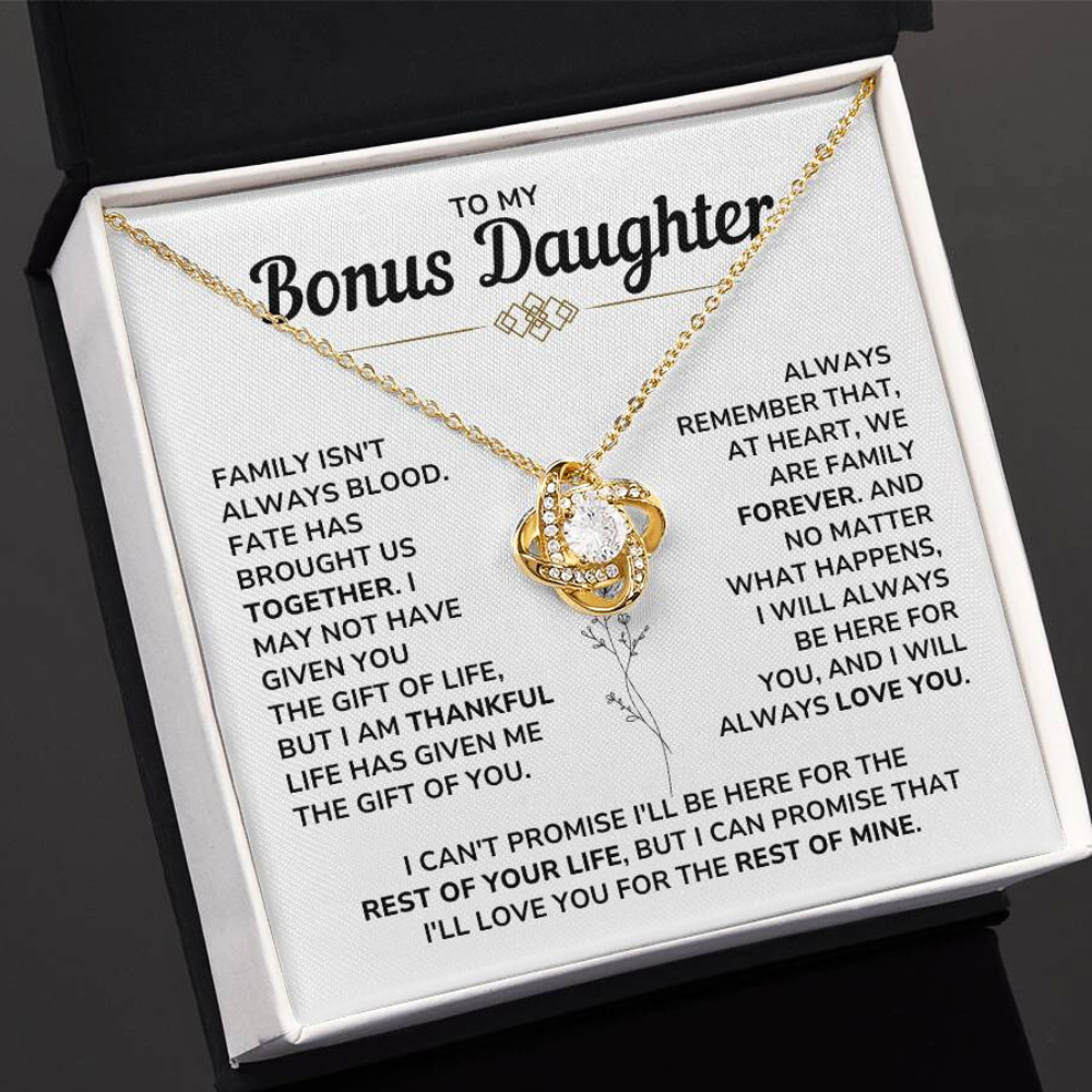 To My Bonus Daughter - "My Family Forever" Love Knot Necklace Gift Set - BD06