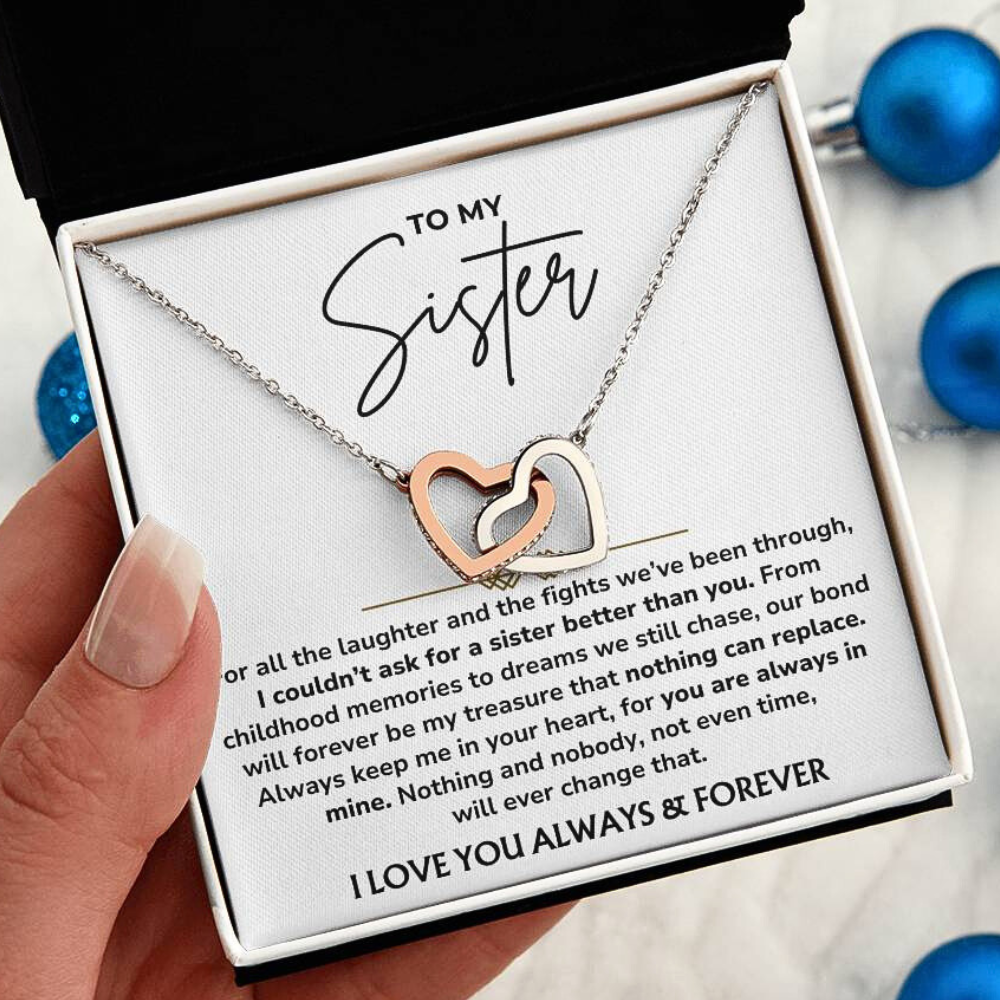 To My Sister – "Always In My Heart" Interlocked Hearts Necklace Gift Set  - SS01