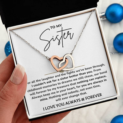 To My Sister – "Always In My Heart" Interlocked Hearts Necklace Gift Set  - SS01