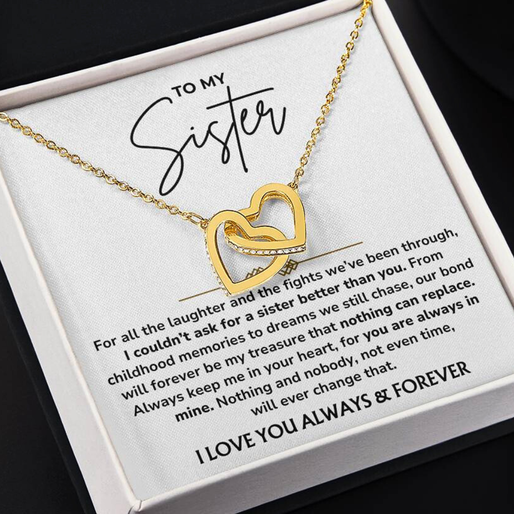 To My Sister – "Always In My Heart" Interlocked Hearts Necklace Gift Set  - SS01