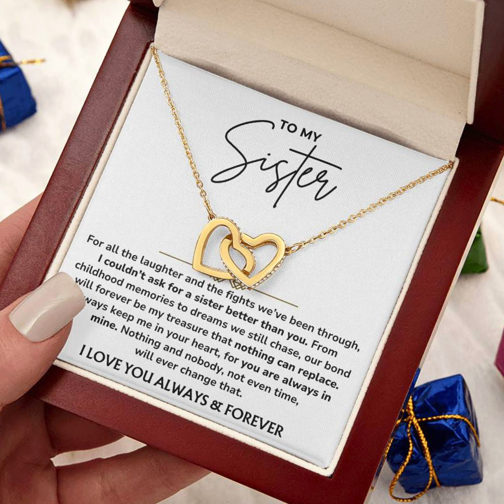 To My Sister – "Always In My Heart" Interlocked Hearts Necklace Gift Set  - SS01