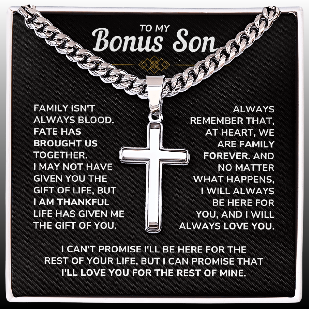 To My Bonus Son - "My Family Forever" Artisan Cross Cuban Link Chain Gift Set – BS01v2