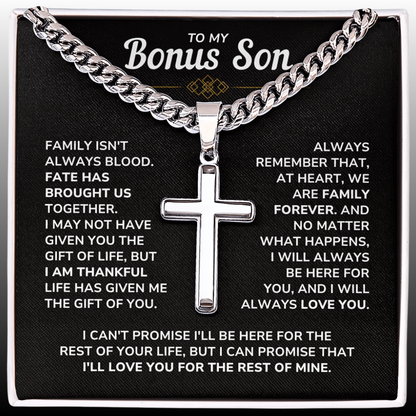 To My Bonus Son - "My Family Forever" Artisan Cross Cuban Link Chain Gift Set – BS01v2