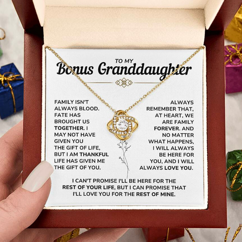 To My Bonus Granddaughter - "My Family Forever" Love Knot Necklace Gift Set - BG01