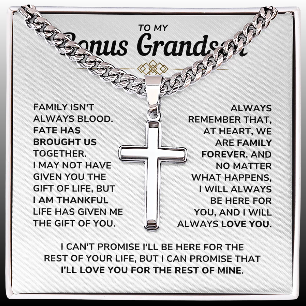 To My Bonus Grandson Necklace Gift Set - "My Family Forever" Artisan Cross Cuban Link Chain - BGS01