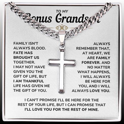 To My Bonus Grandson Necklace Gift Set - "My Family Forever" Artisan Cross Cuban Link Chain - BGS01