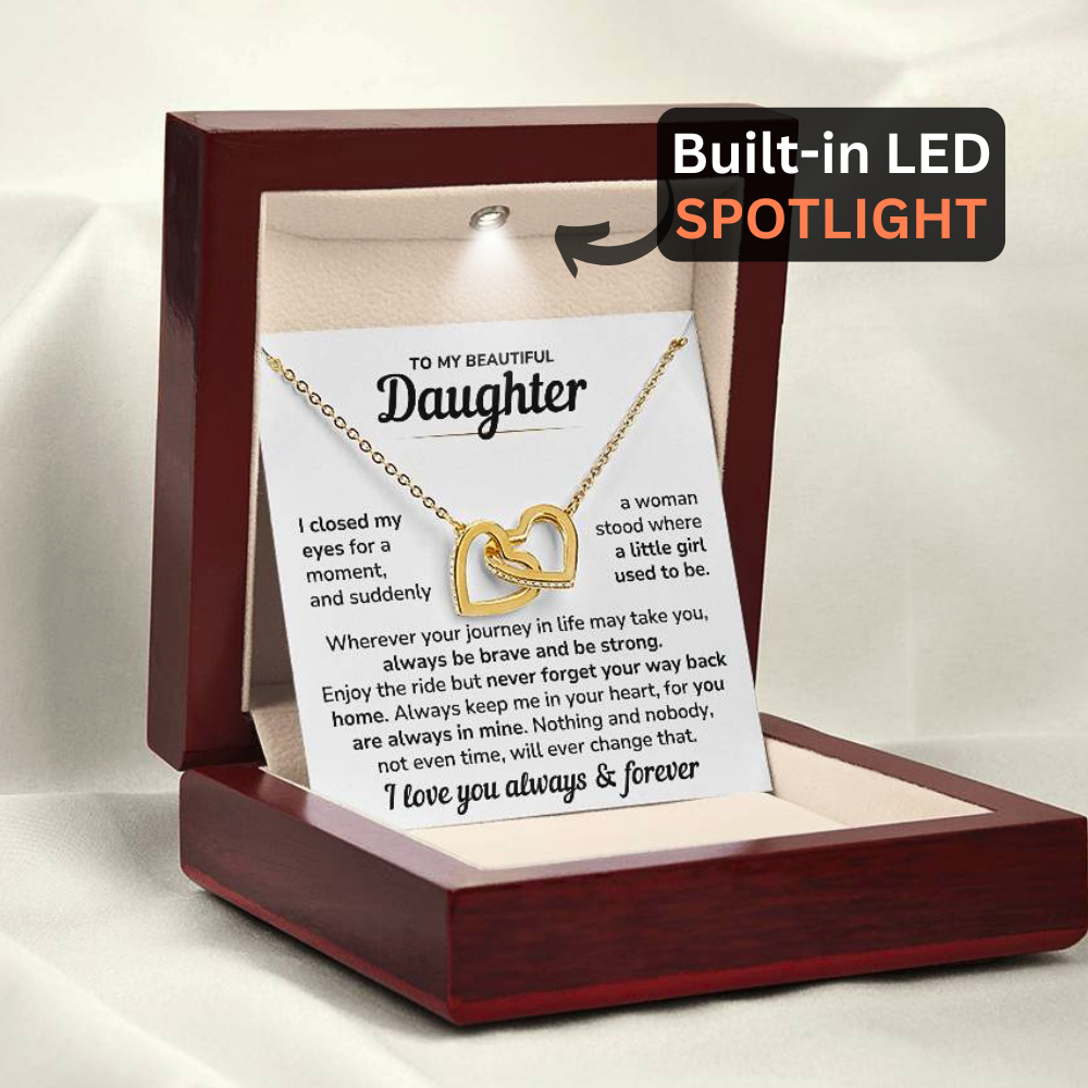Daughter Necklace Gift Set - "Always In My Heart" Interlocked Heart Necklace from Dad or Mom - DT04