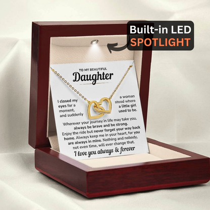 Daughter Necklace Gift Set - "Always In My Heart" Interlocked Heart Necklace from Dad or Mom - DT04