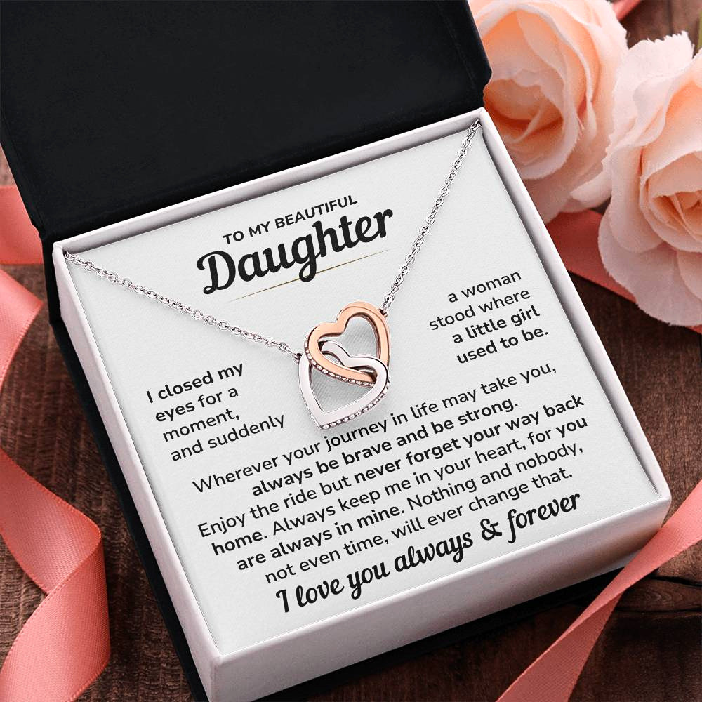 Daughter Necklace Gift Set - "Always In My Heart" Interlocked Heart Necklace from Dad or Mom - DT04