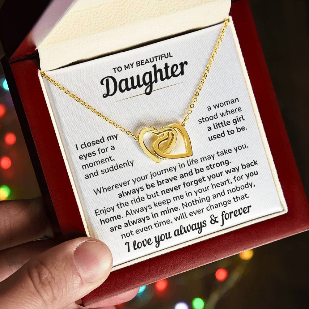 Daughter Necklace Gift Set - "Always In My Heart" Interlocked Heart Necklace from Dad or Mom - DT04