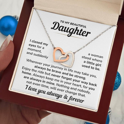Daughter Necklace Gift Set - "Always In My Heart" Interlocked Heart Necklace from Dad or Mom - DT04