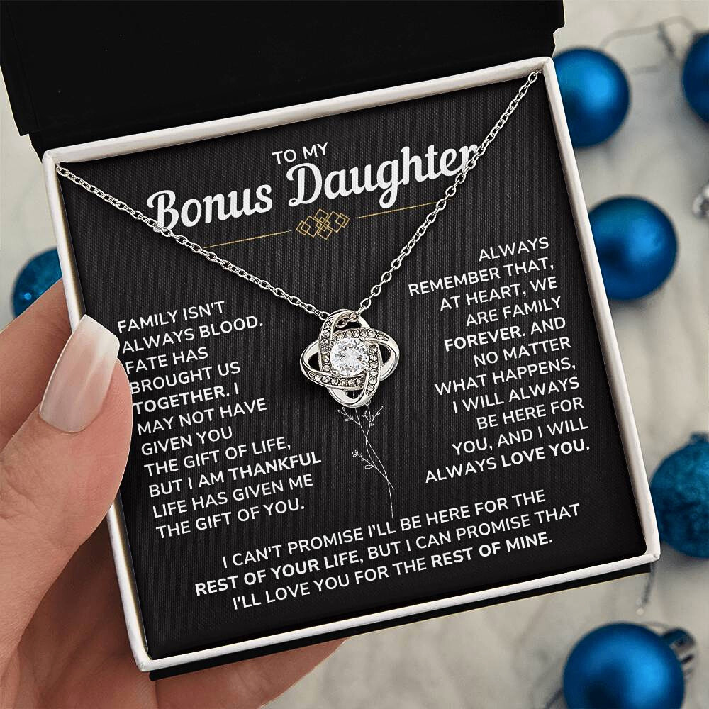 To My Bonus Daughter - "My Family Forever" Love Knot Necklace Gift Set - BD06v2