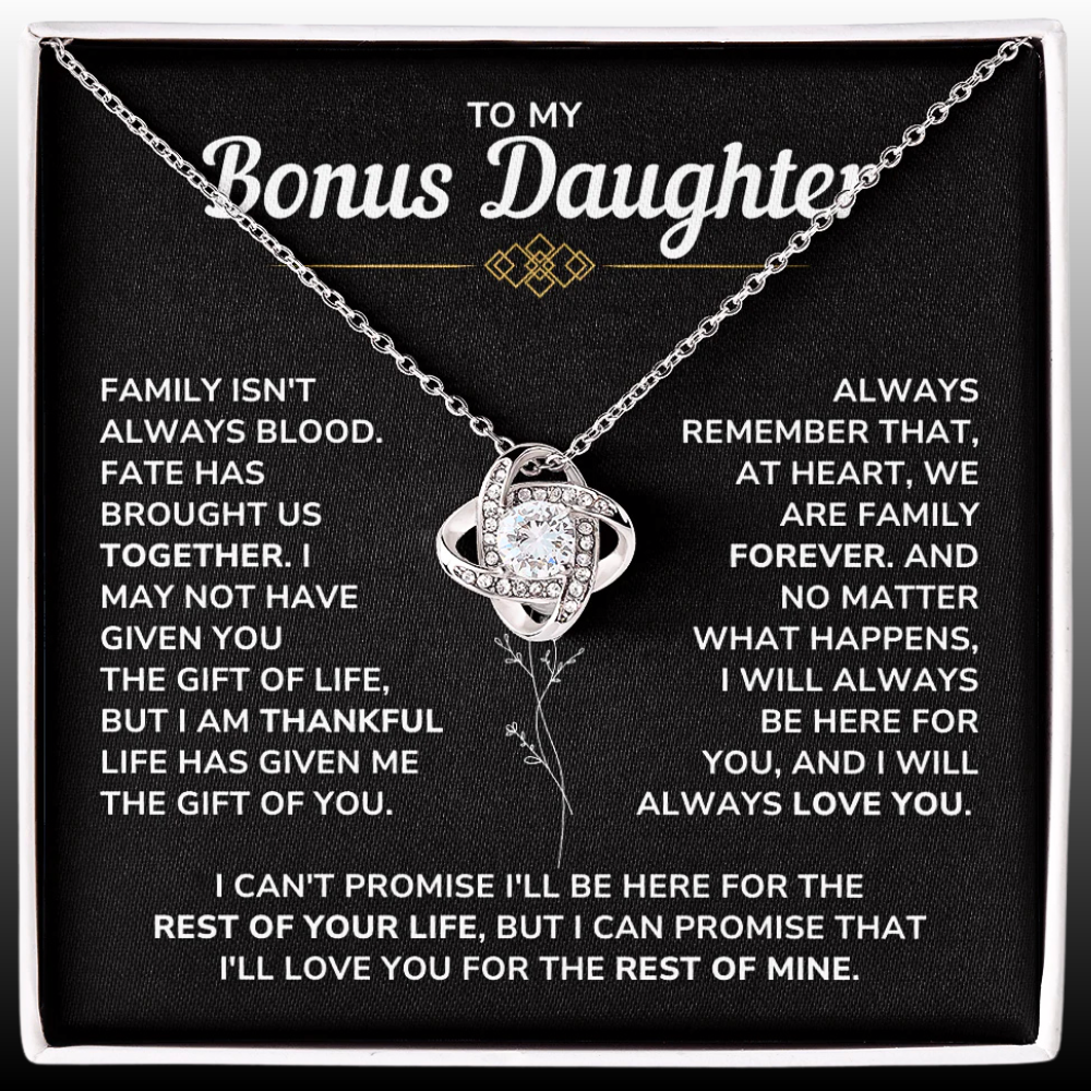 To My Bonus Daughter - "My Family Forever" Love Knot Necklace Gift Set - BD06v2