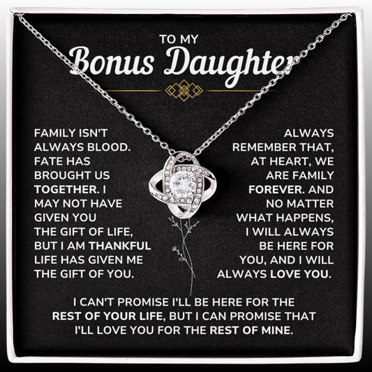 To My Bonus Daughter - "My Family Forever" Love Knot Necklace Gift Set - BD06v2