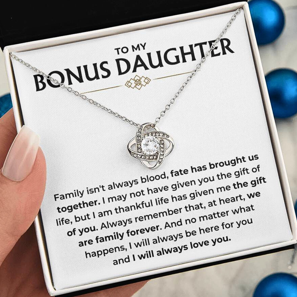 To My Bonus Daughter - "I Will Always Love You" Love Knot Necklace Gift Set - BD05