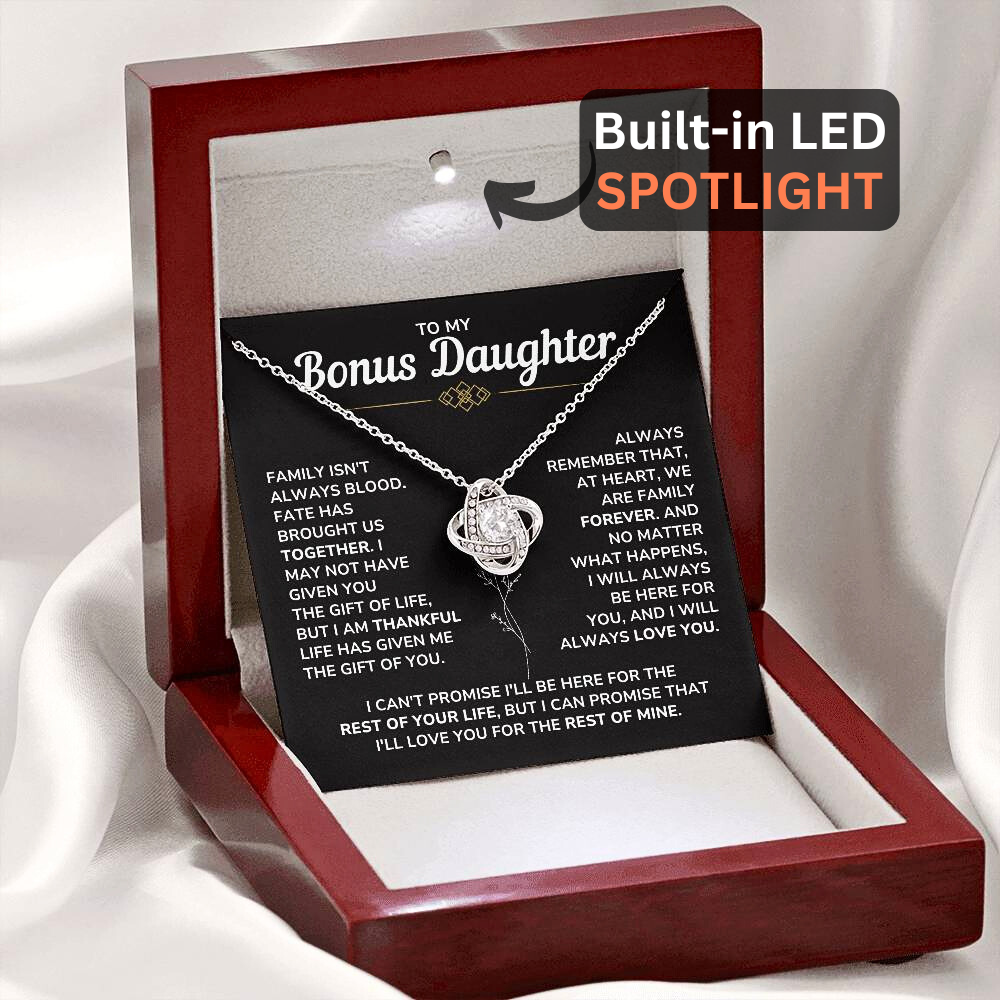 To My Bonus Daughter - "My Family Forever" Love Knot Necklace Gift Set - BD06v2