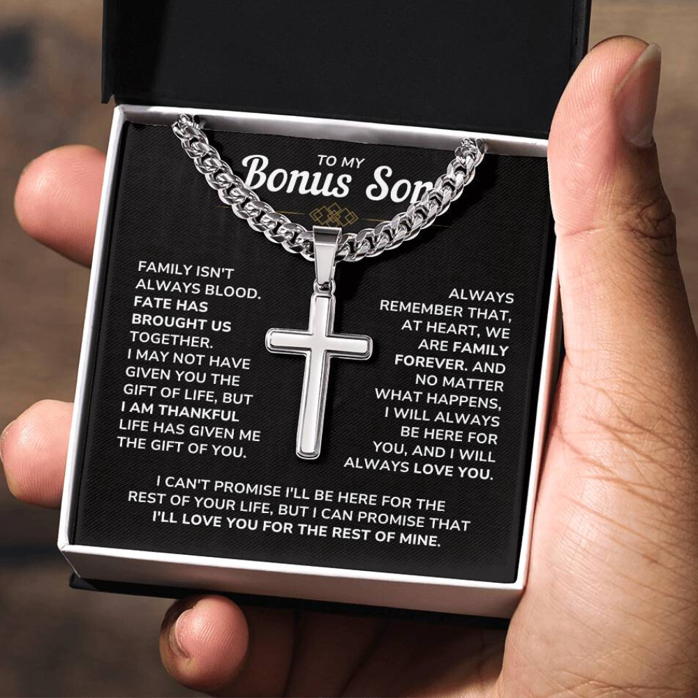 To My Bonus Son - "My Family Forever" Artisan Cross Cuban Link Chain Gift Set – BS01v2