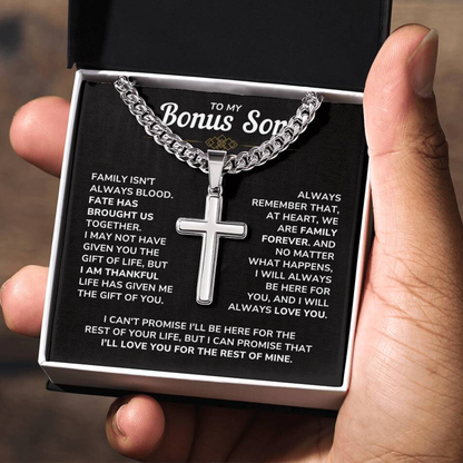 To My Bonus Son - "My Family Forever" Artisan Cross Cuban Link Chain Gift Set – BS01v2