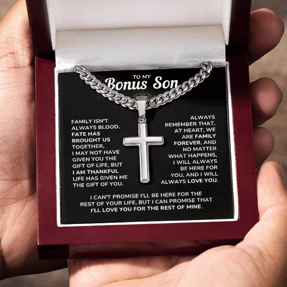 To My Bonus Son - "My Family Forever" Artisan Cross Cuban Link Chain Gift Set – BS01v2