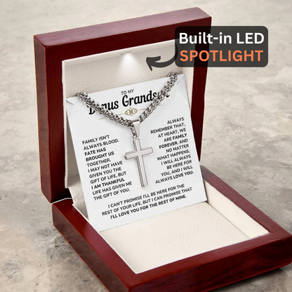 To My Bonus Grandson Necklace Gift Set - "My Family Forever" Artisan Cross Cuban Link Chain - BGS01