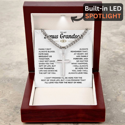 To My Bonus Grandson Necklace Gift Set - "My Family Forever" Artisan Cross Cuban Link Chain - BGS01