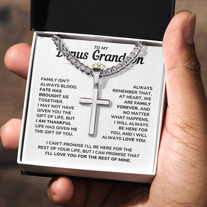 To My Bonus Grandson Necklace Gift Set - "My Family Forever" Artisan Cross Cuban Link Chain - BGS01
