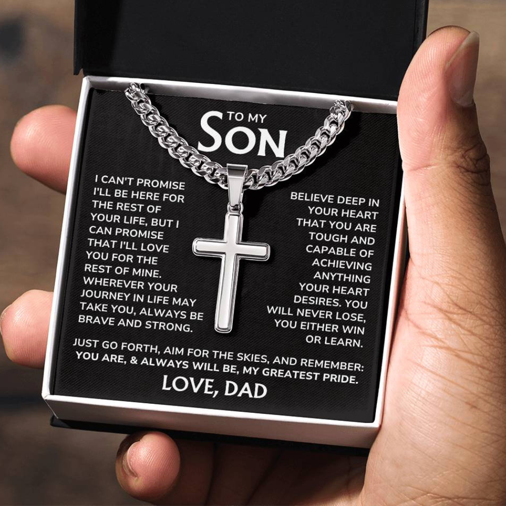 Son Necklace From Dad - "My Greatest Pride" Artisan Cross Cuban Link Chain Gift Set - SN01v2