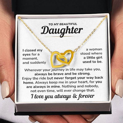 Daughter Necklace Gift Set - "Always In My Heart" Interlocked Heart Necklace from Dad or Mom - DT04