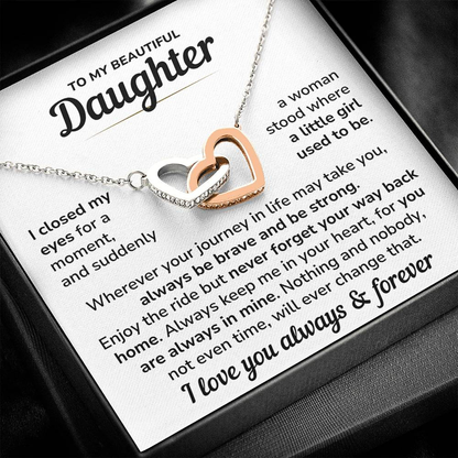 Daughter Necklace Gift Set - "Always In My Heart" Interlocked Heart Necklace from Dad or Mom - DT04