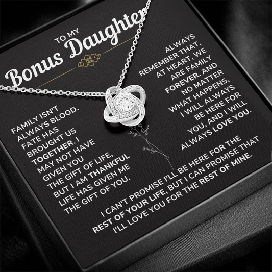 To My Bonus Daughter - "My Family Forever" Love Knot Necklace Gift Set - BD06v2