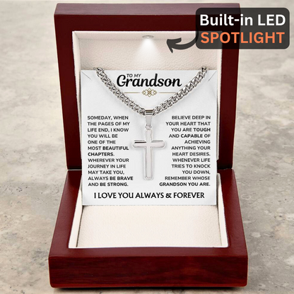 To My Grandson - "Proud of You, Always" Artisan Cross Cuban Link Chain Gift Set – GS01