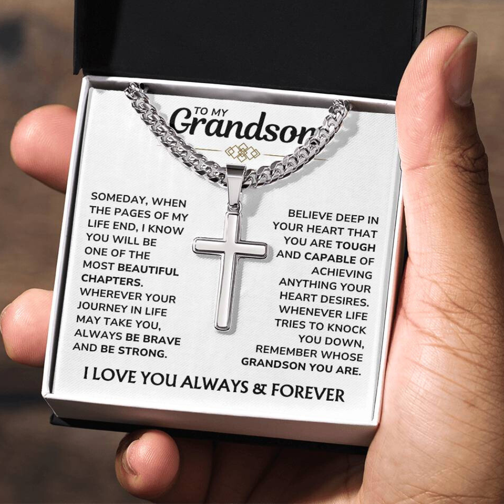 To My Grandson - "Proud of You, Always" Artisan Cross Cuban Link Chain Gift Set – GS01