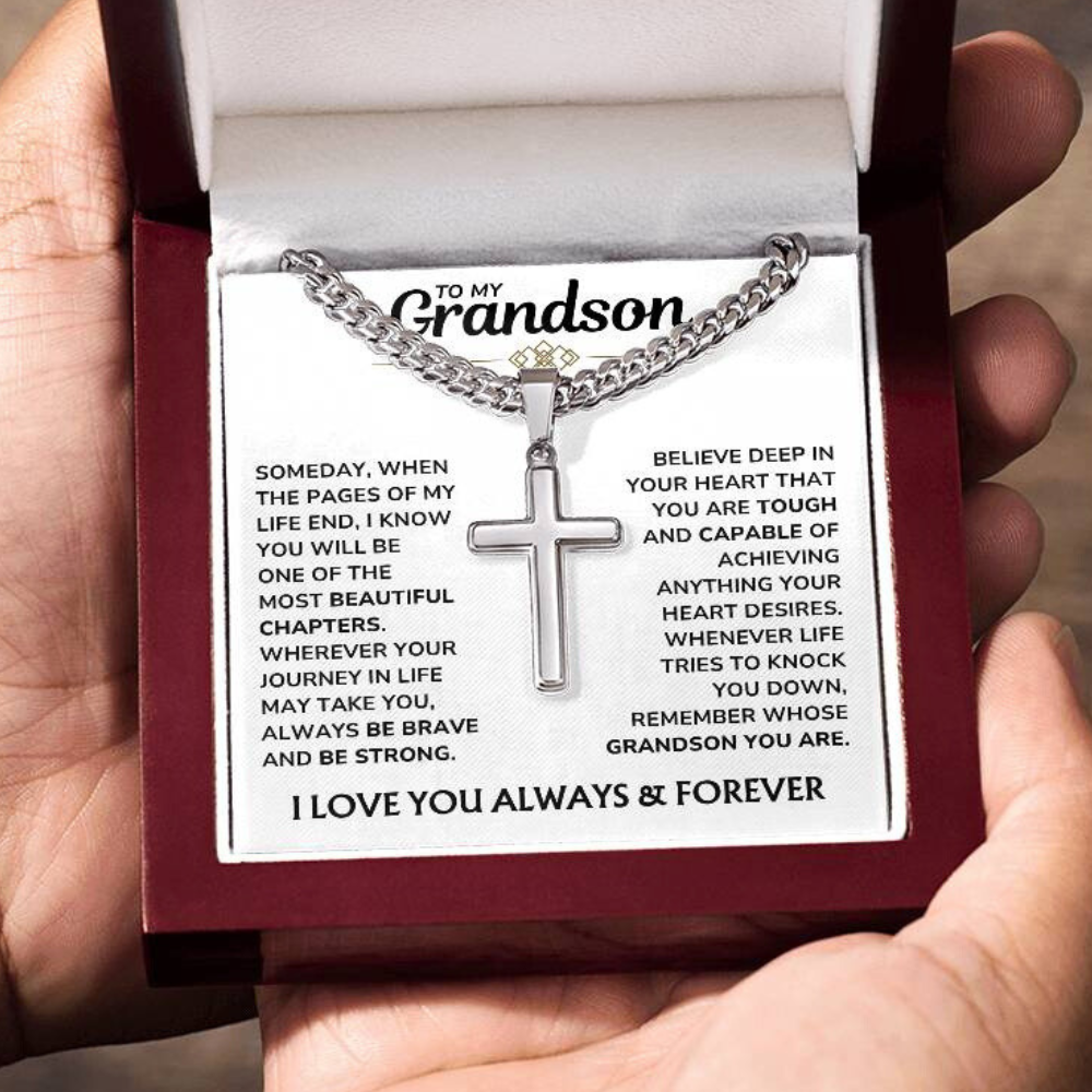 To My Grandson - "Proud of You, Always" Artisan Cross Cuban Link Chain Gift Set – GS01