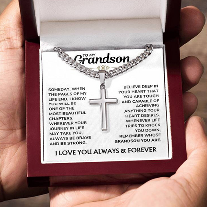 To My Grandson - "Proud of You, Always" Artisan Cross Cuban Link Chain Gift Set – GS01
